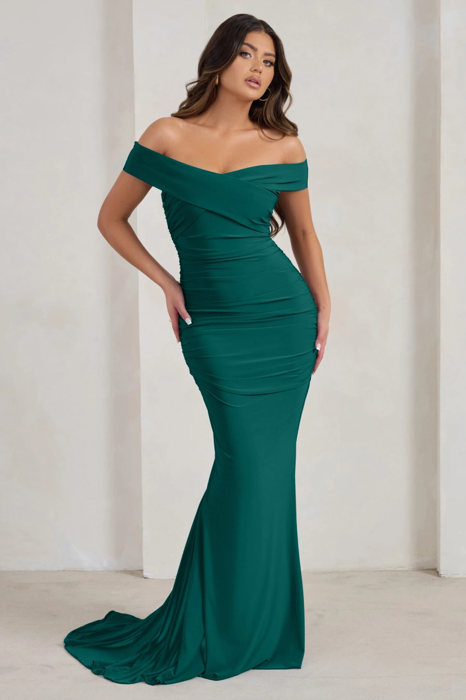Apolline | Bottle Green Off The Shoulder Ruched Fishtail Maxi Dress 3 Apolline | Bottle Green Off The Shoulder Ruched Fishtail Maxi Dress