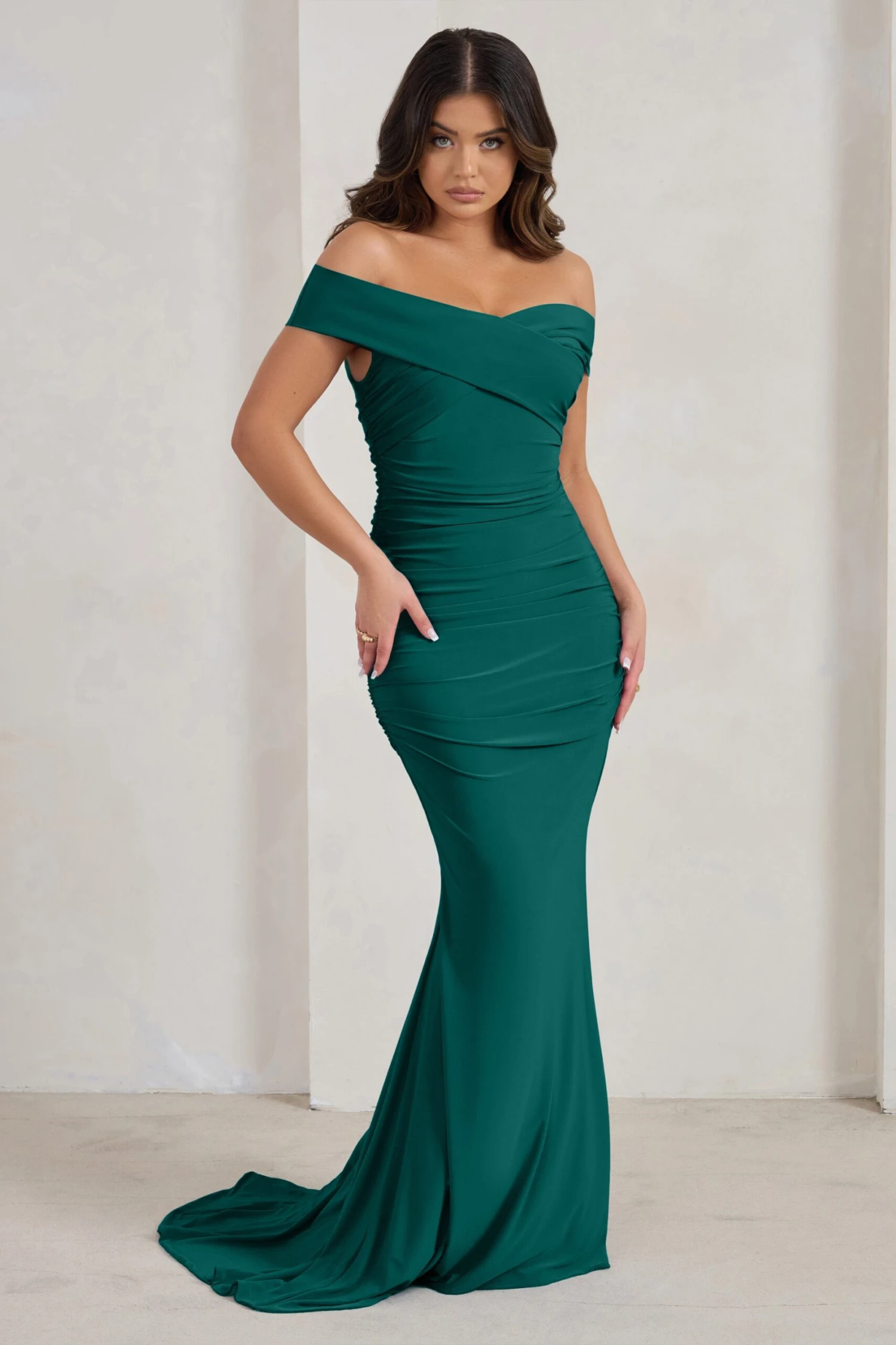Apolline | Bottle Green Off The Shoulder Ruched Fishtail Maxi Dress 6 Apolline | Bottle Green Off The Shoulder Ruched Fishtail Maxi Dress - Image 4