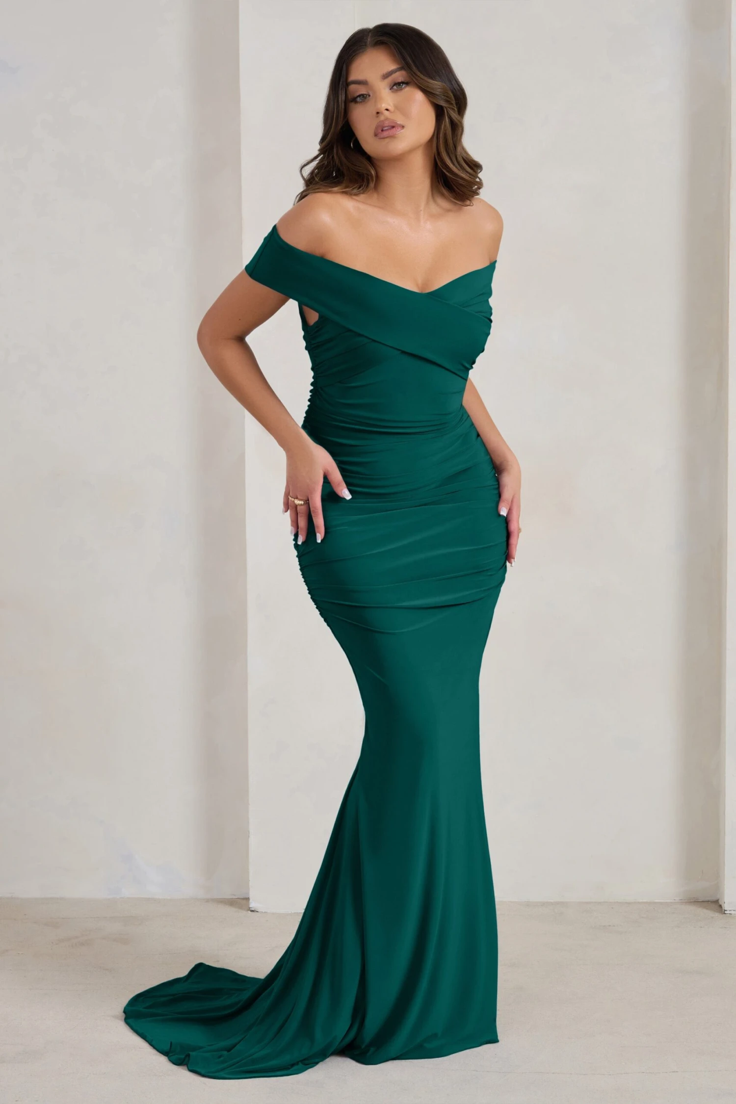 Apolline | Bottle Green Off The Shoulder Ruched Fishtail Maxi Dress 7 Apolline | Bottle Green Off The Shoulder Ruched Fishtail Maxi Dress - Image 5