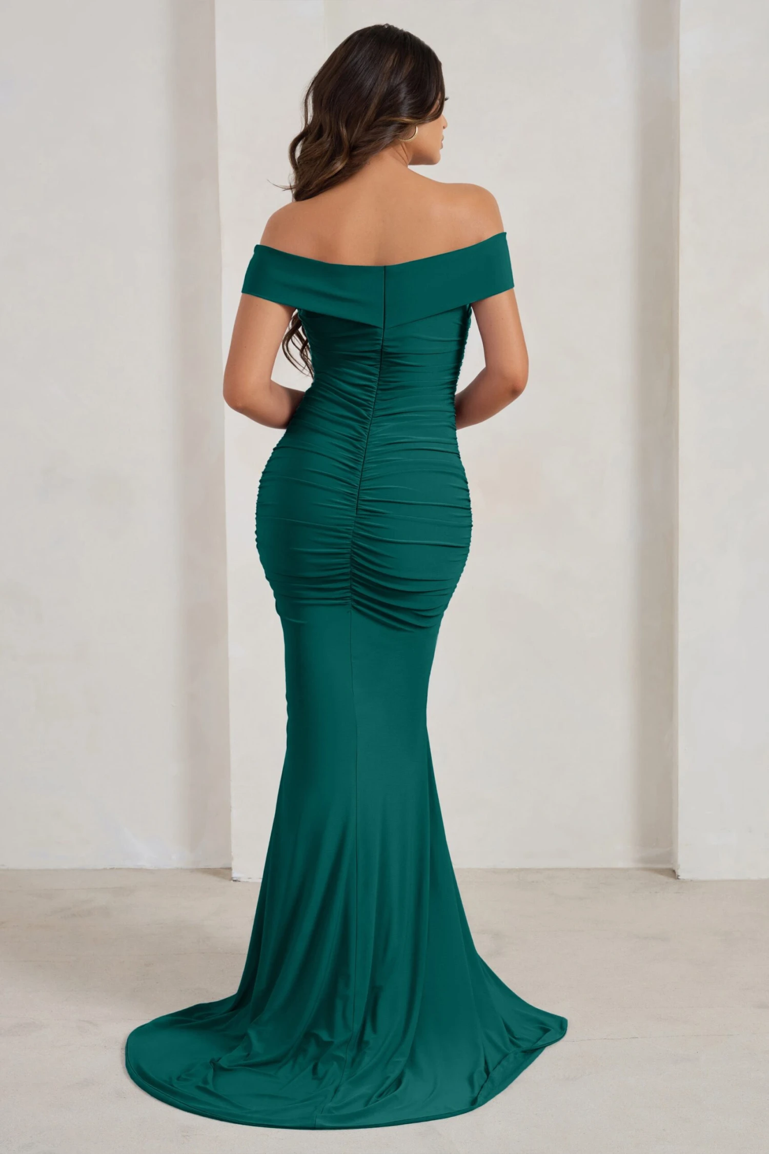 Apolline | Bottle Green Off The Shoulder Ruched Fishtail Maxi Dress 4 Apolline | Bottle Green Off The Shoulder Ruched Fishtail Maxi Dress - Image 2