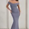 Apolline | Grey Off The Shoulder Ruched Fishtail Maxi Dress