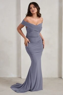 Apolline | Grey Off The Shoulder Ruched Fishtail Maxi Dress -Sangyong Store WB CC HR CL128394 ApollineGreyOffTheShoulderRuchedFishtailMaxiDress2