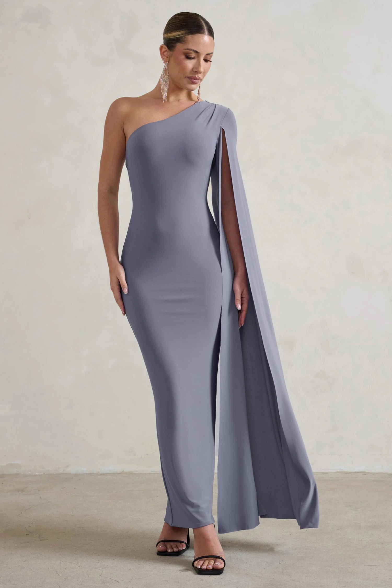 Dominique | Grey One Shoulder Cape Sleeve Bodycon Maxi Dress 3 Dominique | Grey One Shoulder Cape Sleeve Bodycon Maxi Dress