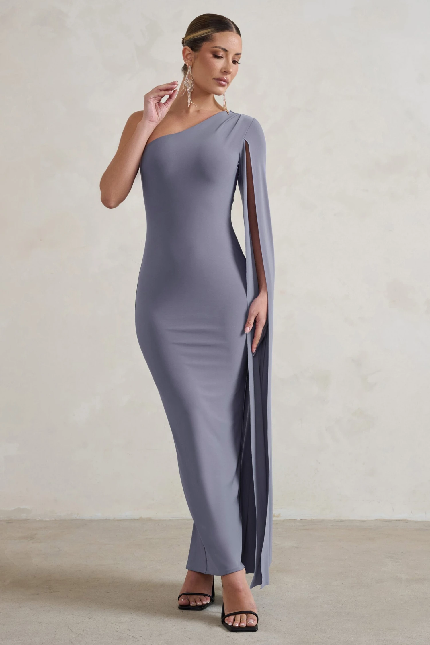 Dominique | Grey One Shoulder Cape Sleeve Bodycon Maxi Dress 6 Dominique | Grey One Shoulder Cape Sleeve Bodycon Maxi Dress - Image 4