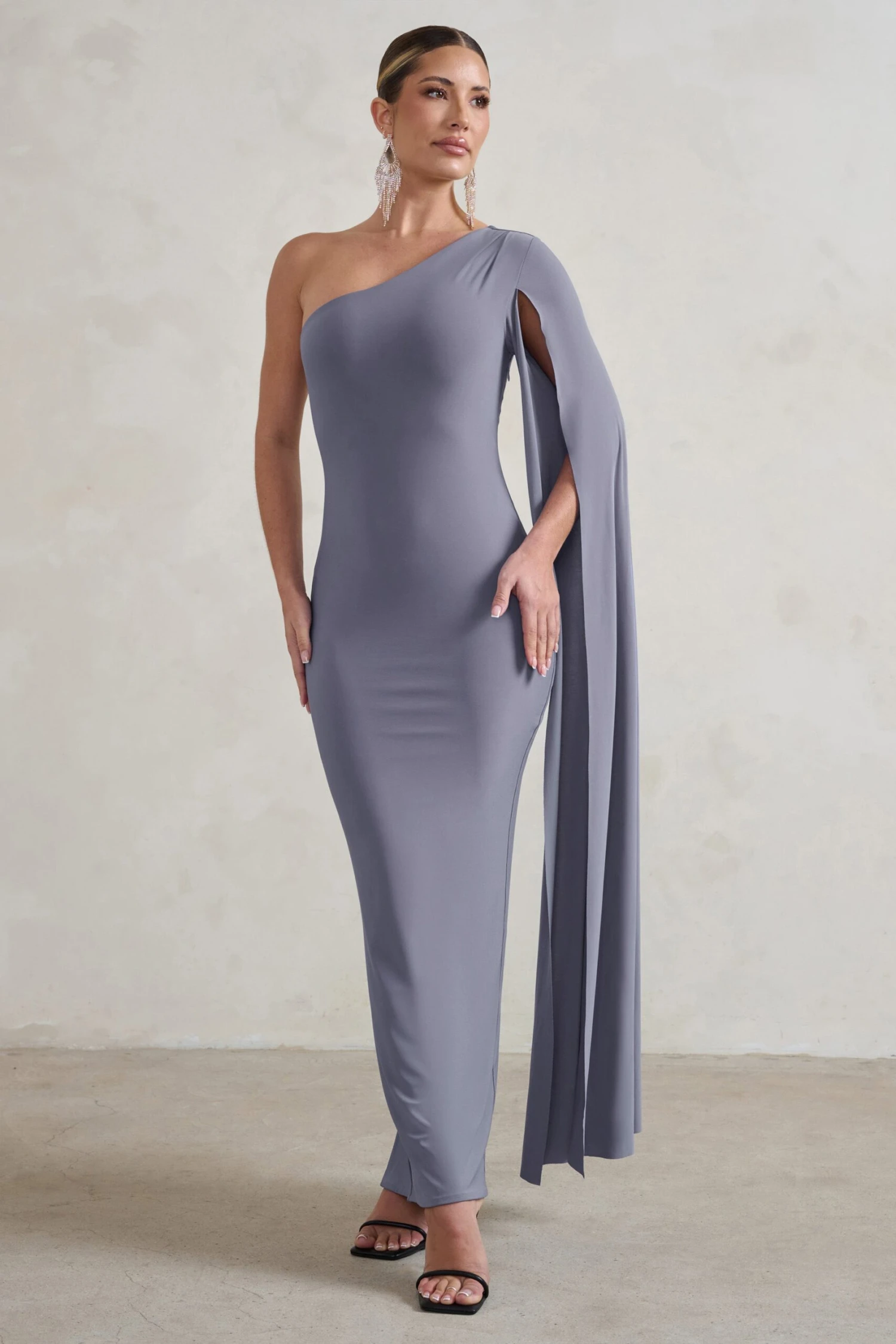 Dominique | Grey One Shoulder Cape Sleeve Bodycon Maxi Dress 7 Dominique | Grey One Shoulder Cape Sleeve Bodycon Maxi Dress - Image 5