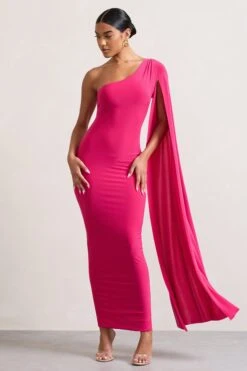 Dominique | Hot Pink One Shoulder Cape Sleeve Bodycon Maxi Dress -Sangyong Store WB CC HR CL128400073 Dominique HotPinkOneShoulderCapeSleeveBodyconMaxiDress2