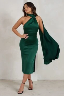 Madame | Bottle Green Satin Asymmetric Scarf Neck Backless Midi Dress -Sangyong Store WB CC HR CL128417 MadameBottleGreenSatinAsymmetricScarfNeckBacklessMidiDress3