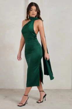 Madame | Bottle Green Satin Asymmetric Scarf Neck Backless Midi Dress -Sangyong Store WB CC HR CL128417 MadameBottleGreenSatinAsymmetricScarfNeckBacklessMidiDress4