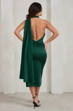 Sangyong Store -Sangyong Store WB CC HR CL128417 MadameBottleGreenSatinAsymmetricScarfNeckBacklessMidiDress6