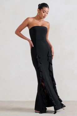 Susan | Black Bandeau Maxi Dress With Ruffled Splits -Sangyong Store WB CC HR CL128458 Susan BlackBandeauMaxiDressWithRuffledSplits2