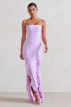 Susan | Lilac Bandeau Maxi Dress With Ruffled Splits -Sangyong Store WB CC HR CL128458 Susan DuskGreyBandeauMaxiDressWithRuffledSplits3