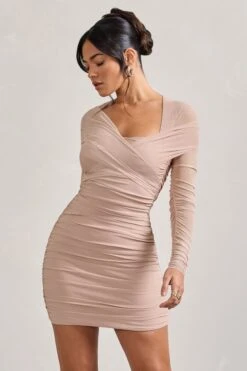 Sparks Fly | Nude Ruched Mesh Long-Sleeved Bodycon Mini Dress -Sangyong Store WB CC HR CL128825059 SparksFly ChampagneRuchedMeshLong SleevedBodyconMiniDress3
