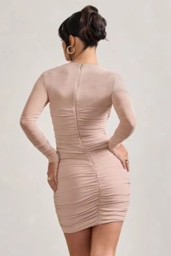 Sparks Fly | Nude Ruched Mesh Long-Sleeved Bodycon Mini Dress -Sangyong Store WB CC HR CL128825059 SparksFly ChampagneRuchedMeshLong SleevedBodyconMiniDress5