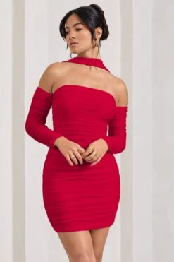 Thea | Red Ruched Long-Sleeved Bodycon Mini Dress With Halter Collar -Sangyong Store WB CC HR CL128828005 Thea RedRuchedLong SleevedBodyconMiniDressWithHalterCollar3