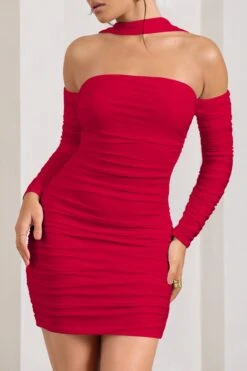 Thea | Red Ruched Long-Sleeved Bodycon Mini Dress With Halter Collar -Sangyong Store WB CC HR CL128828005 Thea RedRuchedLong SleevedBodyconMiniDressWithHalterCollar4