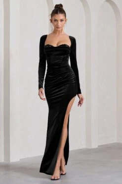 Moonlit | Black Velvet Corset Long-Sleeved Split Maxi Dress -Sangyong Store WB CC HR CL128848002 MoonlitBlackVelvetCorsetLong SleevedSplitMaxiDress1