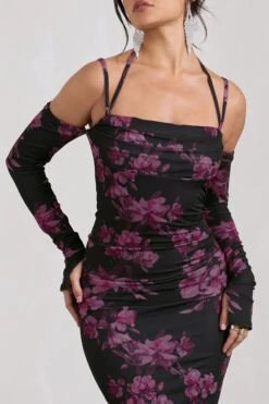 Jessie | Black Floral Print Strappy Long-Sleeved Bodycon Maxi Dress -Sangyong Store WB CC HR CL128860115 JessieBlackFloralPrintStrappyLong SleevedBodyconMidiDress4