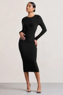 Dynasty Darling | Black Cowl-Back Long-Sleeved Bodycon Midi Dress -Sangyong Store WB CC HR CL128880002 DynastyDarling BlackCowl NeckLong SleevedBodyconMidiDress1