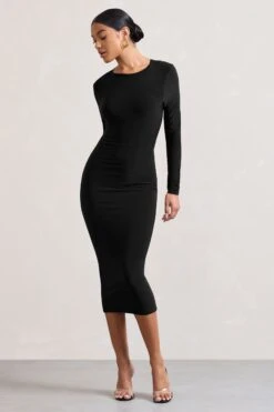 Dynasty Darling | Black Cowl-Back Long-Sleeved Bodycon Midi Dress -Sangyong Store WB CC HR CL128880002 DynastyDarling BlackCowl NeckLong SleevedBodyconMidiDress2