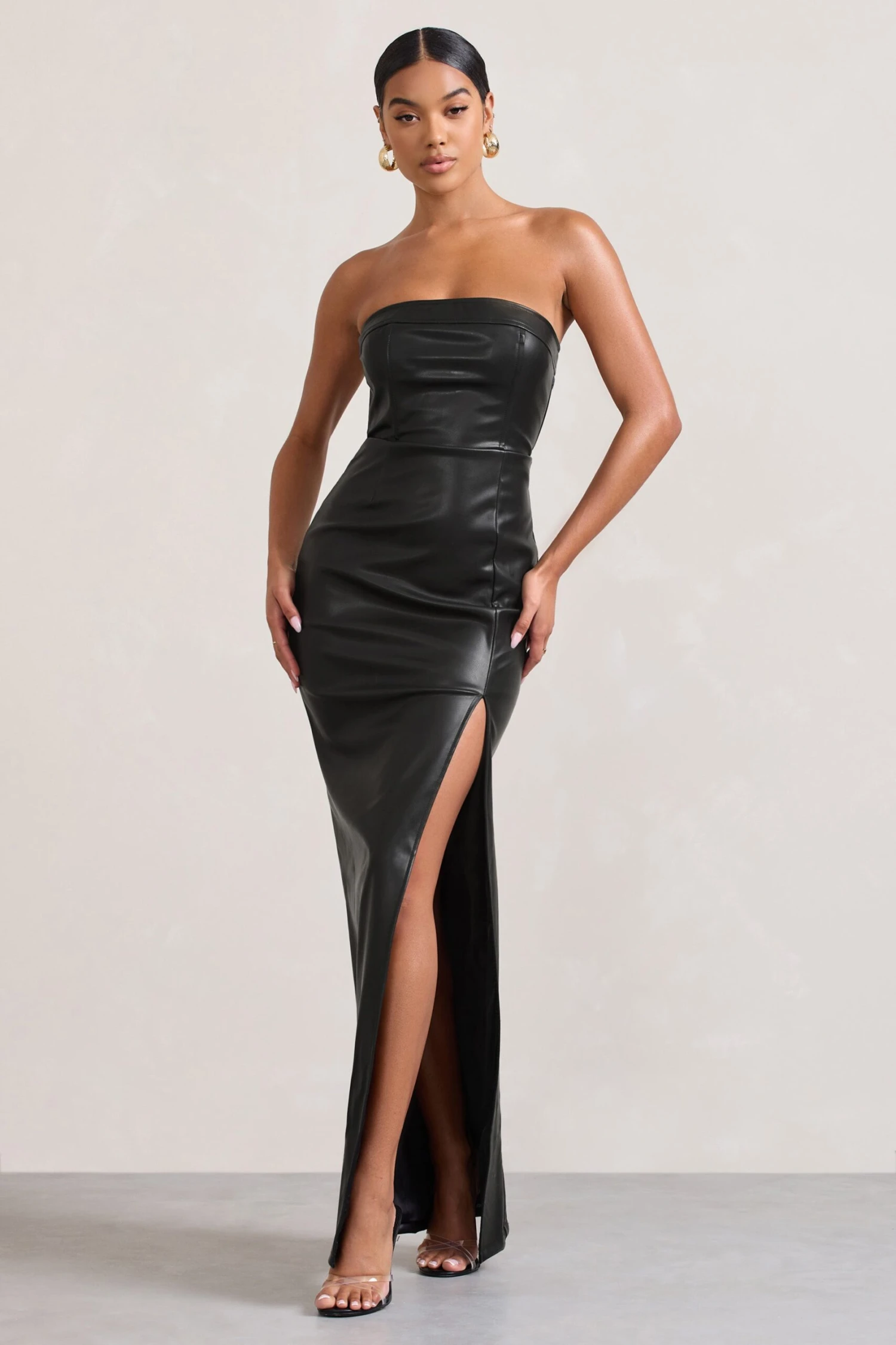 Marlene | Black Faux Leather Strapless Bandeau Split Maxi Dress 7 Marlene | Black Faux Leather Strapless Bandeau Split Maxi Dress - Image 5