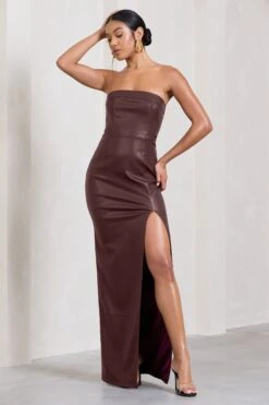 Marlene | Burgundy Faux Leather Strapless Bandeau Split Maxi Dress -Sangyong Store WB CC HR CL128890069 MarleneBurgundyFauxLeatherStraplessBandeauSplitMaxiDress0