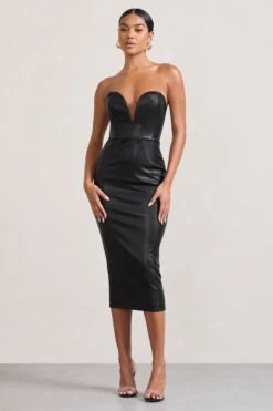 Hailey | Black Faux Leather Strapless Sweetheart Corset Midi Dress 11 Hailey | Black Faux Leather Strapless Sweetheart Corset Midi Dress -Sangyong Store WB CC HR CL128894002 HaileyBlackStraplessSweetheartCorsetMidiDress2