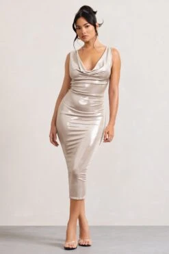 Rosie | Gold Metallic Sleeveless Cowl-Neck Bodycon Midi Dress -Sangyong Store WB CC HR CL128912007 Rosie GoldMetallicSleevelessCowl NeckBodyconMidiDress0
