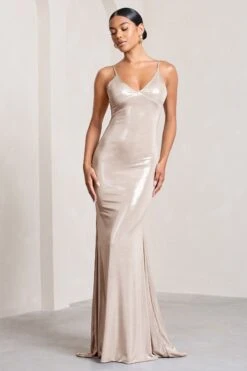 Naya | Gold Metallic Strappy V-Neck Fishtail Maxi Dress -Sangyong Store WB CC HR CL128914007 Naya GoldMetallicStrappyV NeckFishtailMaxiDress0