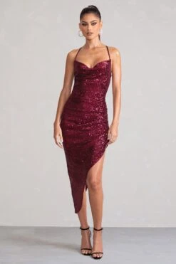 Anya | Berry Sequin Cami Cowl Neck Asymmetric Hem Midi Dress -Sangyong Store WB CC HR CL129042 AnyaBerrySequinCamiCowlNeckAsymmetricHemDress0