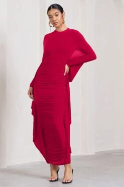 Keva | Red Long Sleeve Ruched Maxi Dress With Cape Detailing -Sangyong Store WB CC HR CL129265004 KevaRedLongSleeveRuchedMaxiDresswithCapeDetailing0