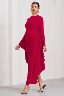 Keva | Red Long Sleeve Ruched Maxi Dress With Cape Detailing -Sangyong Store WB CC HR CL129265004 KevaRedLongSleeveRuchedMaxiDresswithCapeDetailing3