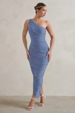 Dorit | Blue One Shoulder Asymmetric Ruched Midi Dress -Sangyong Store WB CC HR CL129293 DoritBlueOneShoulderAsymmetricRuchedMidiDress2