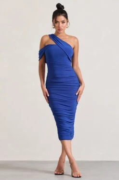 Cici | Cobalt Blue Asymmetric One Shoulder Ruched Midi Dress -Sangyong Store WB CC HR CL129294071 CiciCobaltBlueAsymmetricOneShoulderRuchedMidiDress2