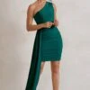 Charlie | Bottle Green One Shoulder Ruched Mini Dress With Statement Drape