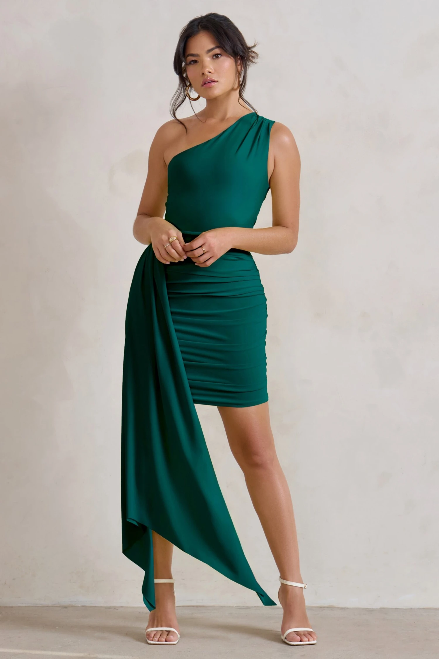 Charlie | Bottle Green One Shoulder Ruched Mini Dress With Statement Drape 6 Charlie | Bottle Green One Shoulder Ruched Mini Dress With Statement Drape - Image 4