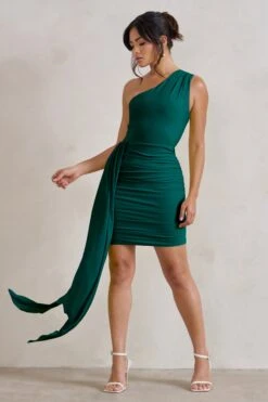 Charlie | Bottle Green One Shoulder Ruched Mini Dress With Statement Drape 11 Charlie | Bottle Green One Shoulder Ruched Mini Dress With Statement Drape -Sangyong Store WB CC HR CL129320 CharlieBottleGreenOneShoulderRuchedMiniDressWithStatementDrape2