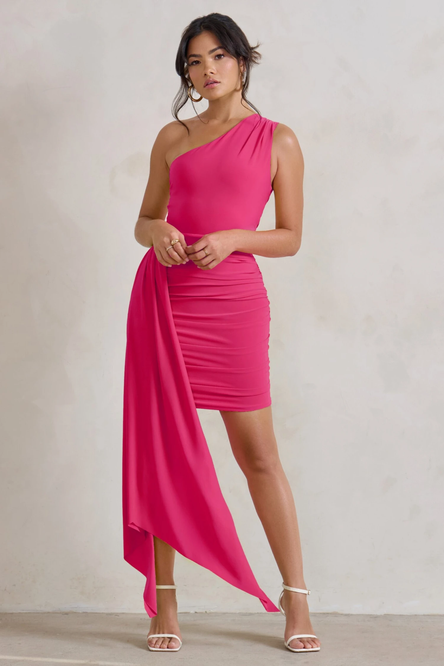 Charlie | Pink One Shoulder Ruched Mini Dress With Statement Drape 7 Charlie | Pink One Shoulder Ruched Mini Dress With Statement Drape - Image 5