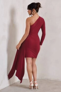 Claudina | Berry Asymmetric Long Sleeve Wrap Mini Dress With Statement Drape -Sangyong Store WB CC HR CL129321 ClaudinaBerryAsymmetricLongSleeveWrapMiniDressWithStatementDrape5