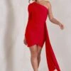 Claudina | Red Asymmetric Long Sleeve Wrap Mini Dress With Statement Drape -Sangyong Store WB CC HR CL129321 ClaudinaRedAsymmetricLongSleeveWrapMiniDressWithStatementDrape2