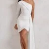 Claudina | White Asymmetric Long Sleeve Wrap Mini Dress With Statement Drape 1 Claudina | White Asymmetric Long Sleeve Wrap Mini Dress With Statement Drape -Sangyong Store WB CC HR CL129321 ClaudinaWhiteAsymmetricLongSleeveWrapMiniDressWithStatementDrape0
