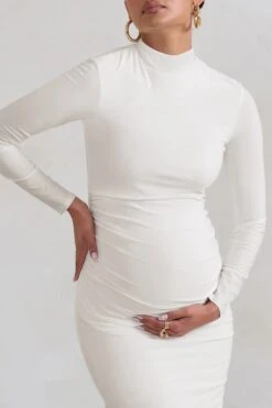 Alejandra | White Maternity Long Sleeve High Neck Maxi Dress -Sangyong Store WB CC HR CL129402 AlejandraWhiteMaternityLongSleeveHighNeckMaxiDress5