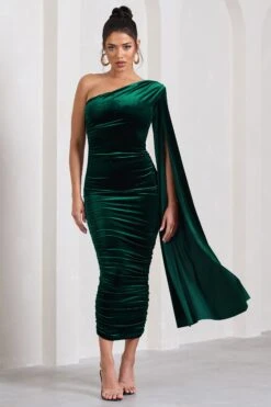 Gianna | Bottle Green Velvet One Shoulder Cape Bodycon Midi Dress -Sangyong Store WB CC HR CL129762047 GiannaBottleGreenVelvetOneShoulderCapeBodyconMidiDress3