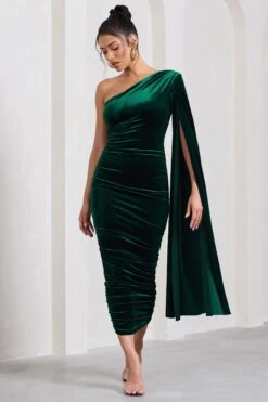 Gianna | Bottle Green Velvet One Shoulder Cape Bodycon Midi Dress -Sangyong Store WB CC HR CL129762047 GiannaBottleGreenVelvetOneShoulderCapeBodyconMidiDress4