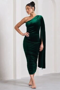 Gianna | Bottle Green Velvet One Shoulder Cape Bodycon Midi Dress -Sangyong Store WB CC HR CL129762047 GiannaBottleGreenVelvetOneShoulderCapeBodyconMidiDress5