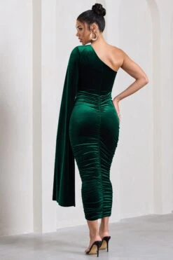 Gianna | Bottle Green Velvet One Shoulder Cape Bodycon Midi Dress -Sangyong Store WB CC HR CL129762047 GiannaBottleGreenVelvetOneShoulderCapeBodyconMidiDress8