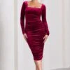 Juliette | Berry Velvet Square-Neck Long-Sleeved Bodycon Midi Dress -Sangyong Store WB CC HR CL129764064 JulietteBerryVelvetSquare NeckLong SleevedBodyconMidiDress0 979a1bf8 5e65 4bc5 8ab1 4837ee41e1f9