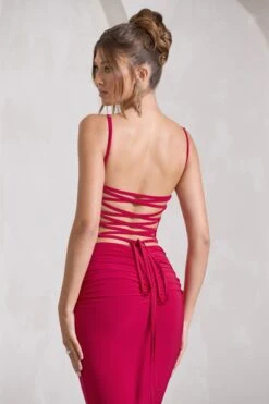 Alora | Red Strappy Lace-Up Maxi Dress With Flower Corsage -Sangyong Store WB CC HR CL129766004 AloraRedStrappyLace UpMaxiDressWithFlowerCorsage10