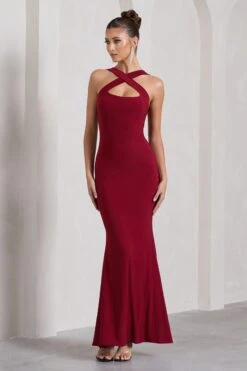 Cross My Heart | Berry Red Sleeveless Cross-Neck Maxi Dress -Sangyong Store WB CC HR CL130020037 CrossMyHeartBerryRedSleevelessCross NeckMaxiDress3