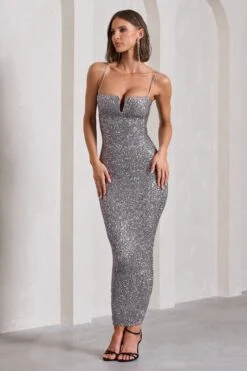 Dazzle Me | Grey Sequin Strappy Bodycon Maxi Dress -Sangyong Store WB CC HR CL130031078 DazzleMeGreySequinStrappyBodyconMaxiDress3