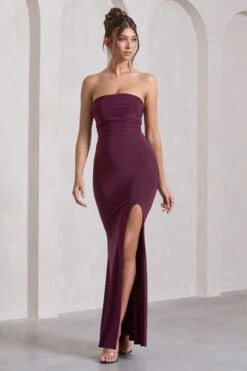 Midnight Calling | Plum Bandeau Split Lace-Up Maxi Dress 10 Midnight Calling | Plum Bandeau Split Lace-Up Maxi Dress -Sangyong Store WB CC HR CL130038101 MidnightCallingPlumBandeauSplitLace UpMaxiDress